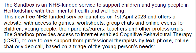 The Sandbox is an NHS funded service supporting children and Young People with their mental health and well-being.